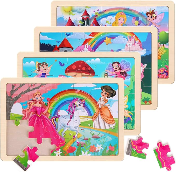 Wooden Jigsaw Puzzles for Preschool Kids Ages 3-5, 4-Pack with 20 Pieces Unicorn Princess Wood Puzzles Set, Preschool Gifts for Boys Girls Ages 3 4 5 6