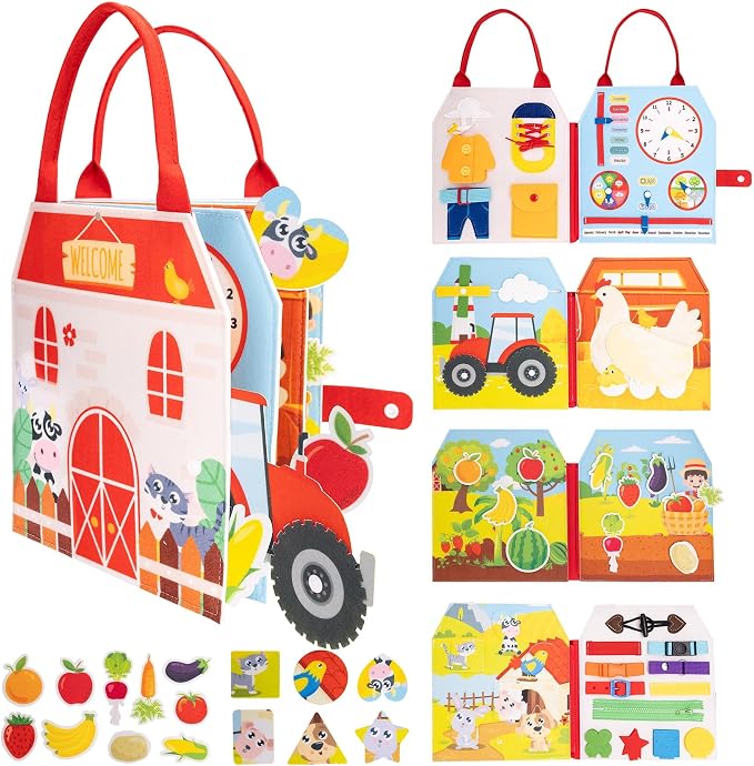 Busy Book for Toddlers - Montessori Sensory Toys for Boys & Girls Preschool Learning, 8-Page Felt Quiet Activity Board for Fine Motor Skills, Travel Toys for Airplane Car Games (Farm Animals)