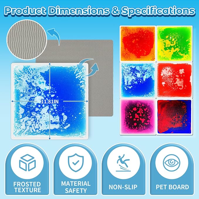 Toddler Sensory Liquid Floor Mats - 6-Piece Liquid Play Mat Pack 12" x 12" | Square Sensory Puzzle Mats for Autism, Lava Brick Dance Step Mats, Montessori Gross Motion Toys for Preschool Classrooms