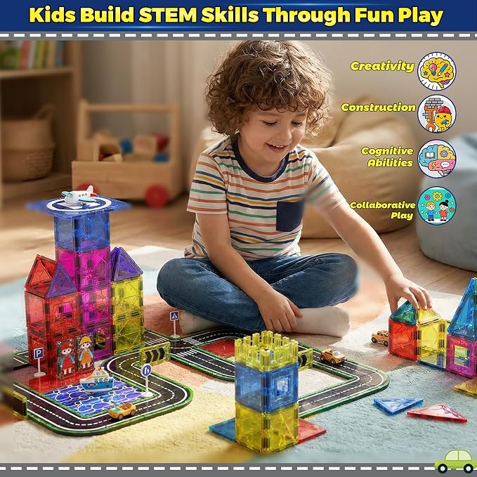 Magnetic Tiles,121PCS Magnet Tiles Road Set with Pullback Cars for 3+ year old Boys,Magnetic Toys for Kids Ages 4-8 with Ship,Airplane,Traffic Sign,STEM Classroom Educational Birthday Gifts Toys