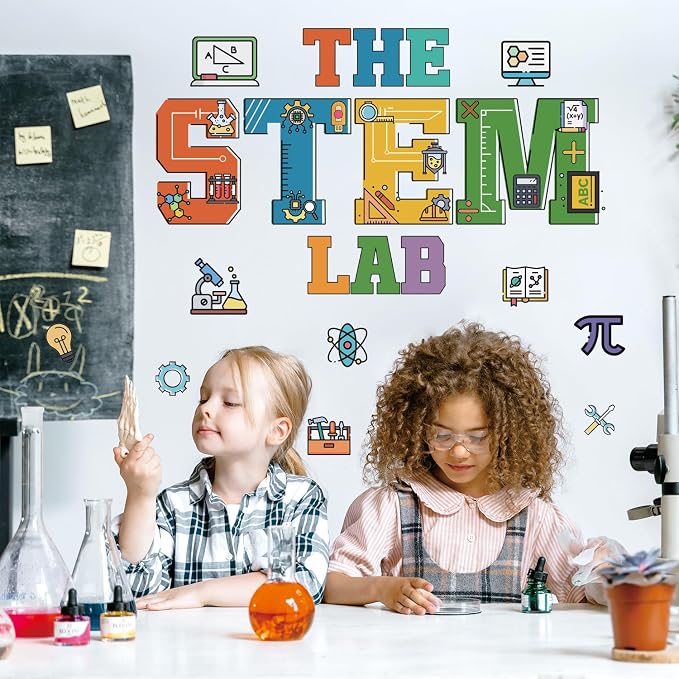 LHIUEM Color The Stem Lab Stickers,Kids Scientist Bedroom Decor,Funny Stem Laboratory Door Decals,Biology Posters,Chemistry Wall Decal,Science Math Mural,Biology Decorations for Classroom Nursery