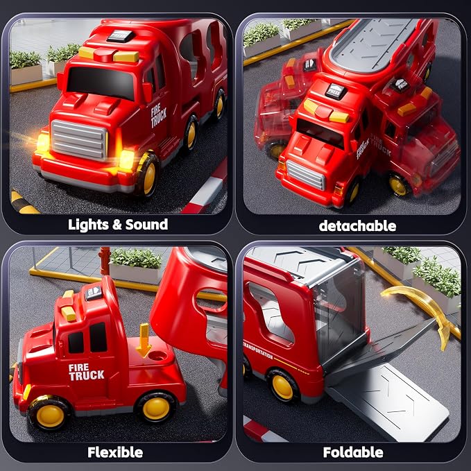 Fire Truck Toys for Toddler 3-5, 5-in-1 Fire Car Carrier | Vehicle Set for Boys Girls 3 4 5 6 Years Old, Transport Car with Light Sound, Birthdays Gifts for Kids Girls Aged 3-9