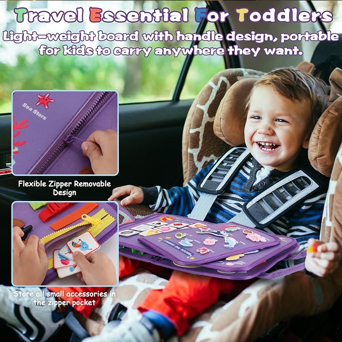 Montessori Busy Board for Toddlers 3-6, Soft Sensory Activity Book with Life Skills, Cognition, Sorting, Matching, Travel Toys for Airplane Car, Gift for Girls Boys 3+ Years Old (Mermaid)