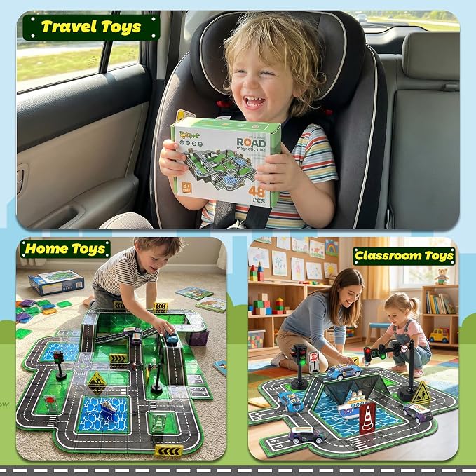 Magnetic Road Tiles Set with Pull-Back Cars,Magnet Building Blocks for Kids Ages 4-8 with Magnetic Ship & Traffic Lights,STEM Educational Preschool Learning Toys,Ideal Gift for Boys and Girls