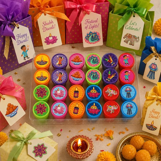 Cinrobiye 24 Pcs Diwali Stampers Party Favor Set, Cute Festival of Lights Stamps for Kids Diwali Celebration, Classroom Rewards, Cultural Party Supplies, Goody Bag Fillers, Holiday Party Favors