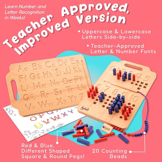 Montessori Counting Peg Board - Number & Letter Tracing Board - Wooden Montessori Alphabet & Counting Toys Toddlers 3+ Years Old - Alphabet Learning + Education Home Schooling Materials Pre-K