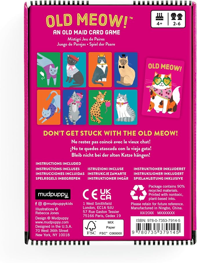 Mudpuppy - Old Meow! Card Games for Kids | Ages 4+, Kids Version of Old Maid, Ideal for 3-4 Players, Cat Themed, Family Fun, Screen-Free Play, FSC Certified