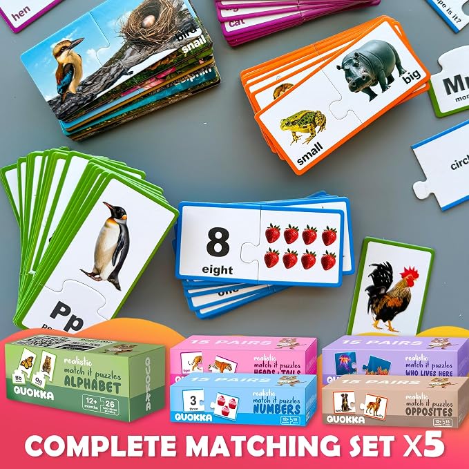 QUOKKA 5X MEGASET Realistic Puzzles for Toddlers 3-5 - Matching Games for Kids Ages 2-4 - Numbers Animals Opposites ABC Learning for Toddlers 1-3 Year Old - Educational Toy for Boy and Girl
