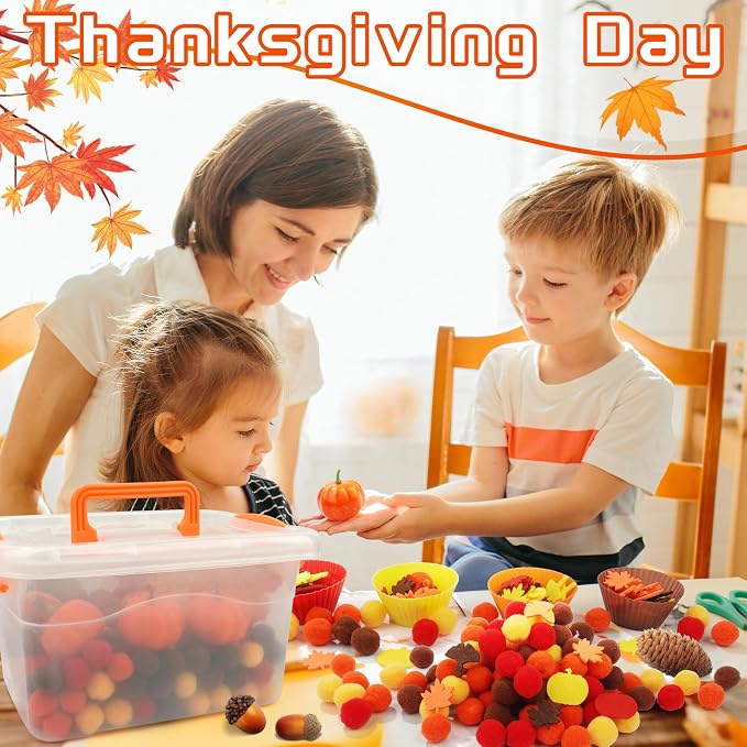 353 PCS Thanksgiving Fall Sensory Bin Fillers Fine Motor Preschool Toys | Autumn Counting Color Sorting Set, With Felt Leaves, Pom Poms, Clip, Silicone Bowls Handy Storage Box,Thanksgiving Gift