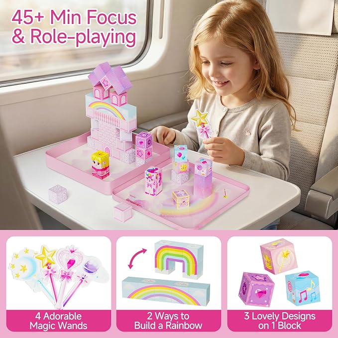Unicorn Magnetic Blocks Girls: 48 PCS Princess Castle Building Set | Exclusive Cones & Wands, 300+ Build Combos, 60+ Min Quiet Play, Sturdy Tin Box, Travel Toy for Girls Ages 3-8