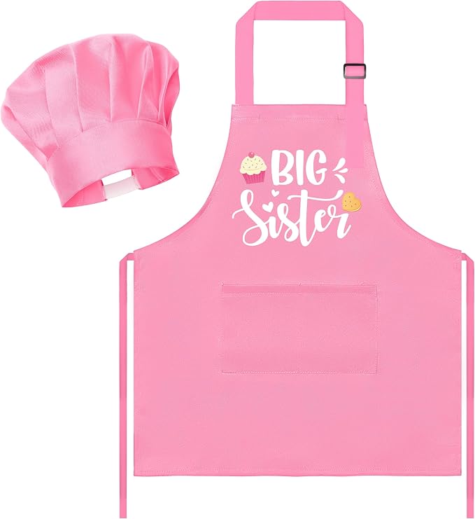 R HORSE Kids Apron and Chef Hat Set - 2Pcs Pink Big Sister Adjustable Children Kitchen Apron, Dress up Role Play Chef Toy Cooking Baking Painting and Training Kit for Girls Funny Cooking Birthday Gift