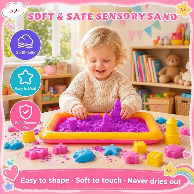 Teyva Daily 59 Pcs Sensory Bin Sand Kit with 2.2lbs Purple Moldable Play Sand, Inflatable Tray, Lidded Storage Box, Castle Ocean Animal Fruit Molds, Flags and Pump for Kids Toddler Ages 4-6