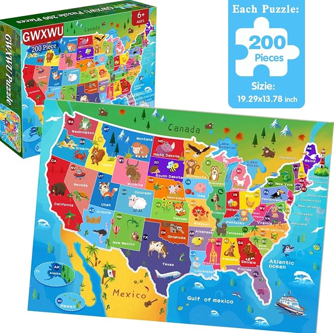 Puzzles for Kids Ages 6-8 & 8-10, 200 Piece USA Map Jigsaw Puzzle | Educational Learning Toy Jigsaw Puzzles for Kids Ages 10-12, Great Birthday & Holiday Gift for Boys and Girls, Home Decor
