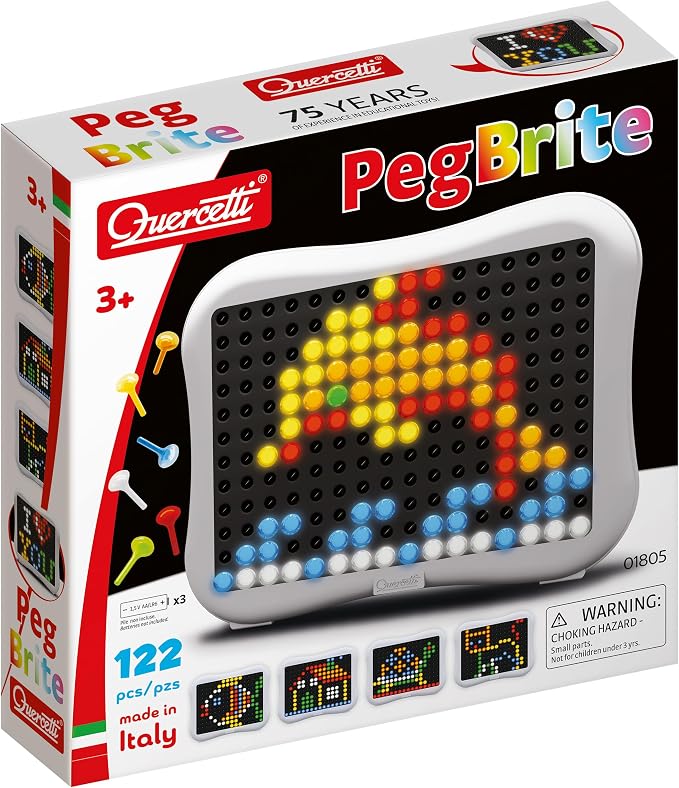 Quercetti: Peg Brite - Light-Up Image Toy, Create Mosaic Board Art, 120 Pegs & Bright LEDs, 12 Sample Pattern Templates, Free Play Designing, Kids 3+