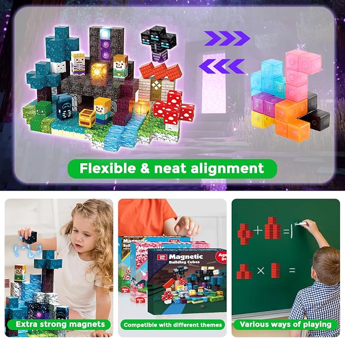 200 PCS Magnetic Blocks - Light Up Magnetic Building Blocks for Kids, Magnet Cubes Stacking for Boys Girls, STEM Montessori Sensory Toys Ages 3 4 5 6 7 8 9 10 11 12 13 Birthday Gifts