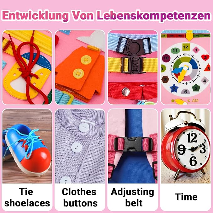 MEGRANATE Montessori Busy Board, Busy Book Educational Learning Toys for Kids Quiet Book Activity Books Fine Motor Skills Toys for 3+ Year Old Kids (Pink)