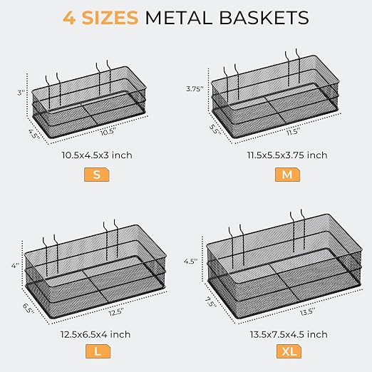 INCLY 4 Pack Upgrade Pegboard Baskets, 4 Sizes Square Metal Mesh Basket | Peg Board Organizer Accessories, For Garage Craft Room Office Kitchen, Pegboard Baskets and Bins