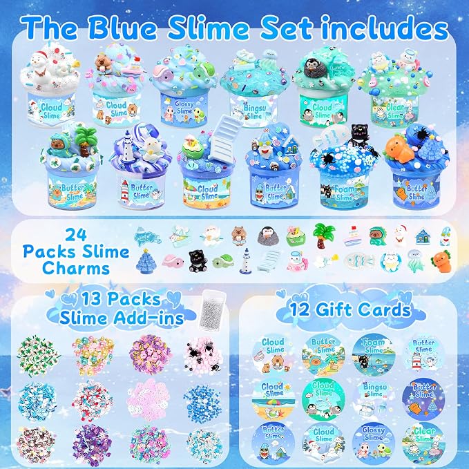 12-Pack Blue Slime Kit for Kids, Clear Butter Cloud Squishy Party Favor Set | Goodie bag stuffers, Easter basket fillers, birthday party favors and sensory slime toys for boys and girls ages 4-10
