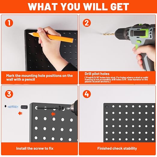 ValueMax 4 Pack Metal Pegboard Panels, 12"x12" Wall Tool Organizer | Heavy Duty Steel, Modular Storage, Garage Workbench, Tool Hooks, Kitchen Organization, Craft Room, DIY Workspace Setup
