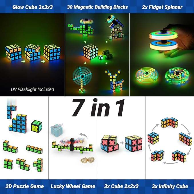 TOSY Magnet Cube 3x3 - 240 Magnets, 30 Blocks, 7in1 Toy: Puzzle Cube Game, Creative Building Blocks, Transformable Fidget Spinner, Infinity Cube, Magnet Tiles, UV Flashlight, Glowing STEM/STEAM Toy