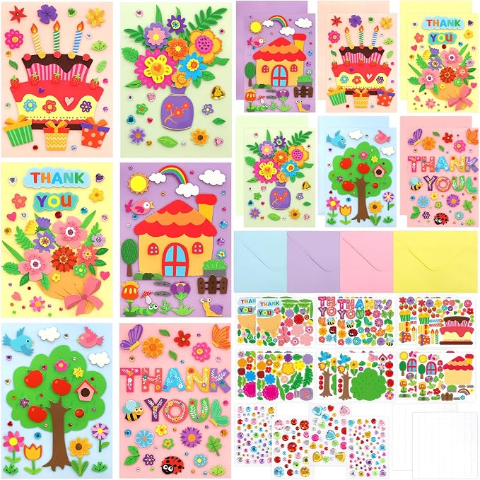 Treasure Cove Card Making Kits for Kids Handmade DIY Greeting Card 12Pcs | Thank You Cards Art Crafts, Envelopes Stickers, Girls, Boys, Birthday, Thanksgiving Party Supplies