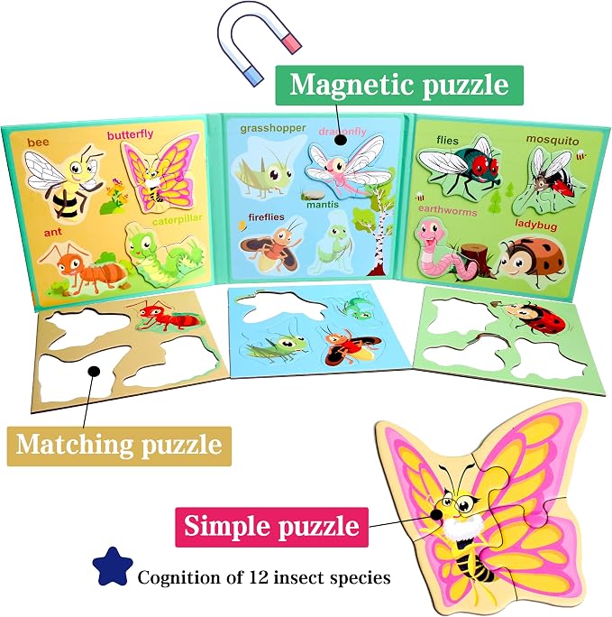 Magnetic Puzzles for Kids Ages 3-5, Travel Toddler Insect Puzzle Toy | Refrigerator Magnet Game for Ages 4-6, Learning & Birthday Gift for Boys, Car & Airplane Road Trip Quiet-Time Activity Toys
