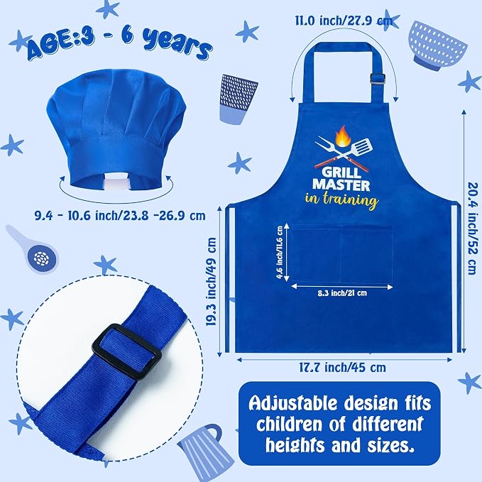 R HORSE 2 Pieces Kid Apron and Chef Hat Set, Children Role Play Chef Toy | Dark Blue Adjustable Kitchen Apron for Kid Boy, Ideal for Cooking, Baking, Painting, Training, Cooking Birthday Gift
