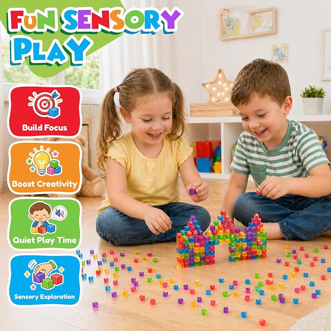 LESONG Mini Sticky Stacking Cubes for Kids: 150 PCS Washable Sensory Building Toy, Soft Squishy 0.39 inch Cubes with Storage Box, Balanced Stickiness for 2D & 3D Building, Translucent Travel Toy