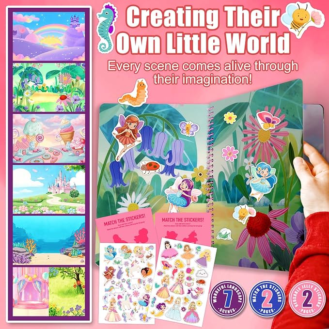 Jelly Sticker Book for Kids 3-5, Reusable Sticker Book for Toddlers | Waterproof Easy to Clean Road Trip Activities, Easter Basket Stuffers & Travel Essentials (Princess)