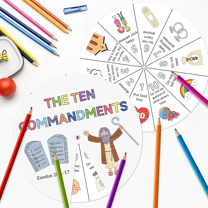 COcnny Ten Commandments Coloring Craft - 48 Sets Color Your Own Religious Art Wheel Kit for Kids, 10 Commandments DIY Craft Art Cards for Sunday School Christian Home Classroom Activities VBS Supplies