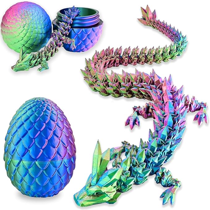 12" 3D Printed Dragon Eggs with Dragon, Articulated 3D Fidget Toys for Kids | Crystal 3D Dragon Toys for Boys Girls, 3d Printed Animals, Dino Dinosaur Eggs Toys, Easter Basket Stuffers（Red Green Blue）