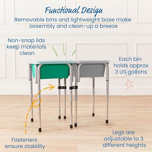 ECR4Kids 2-Station Sand and Water Adjustable Play Table, Sensory Bins, Grey/Emerald | Durable plastic/steel, GREENGUARD Gold Certified, 3-5 years, 80 lb capacity, adjustable legs, easy-lift lids, indoor/outdoor