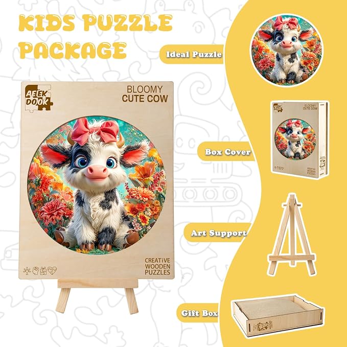 Farm Animals Wooden Puzzles for Kids - Bloomy Cute Cow | 50 Piece Puzzles for Kids Ages 6-8, Kids Puzzles with Unique Animal Shapes, Round Gift for Girls and Boys (11.4 * 11.4 in)