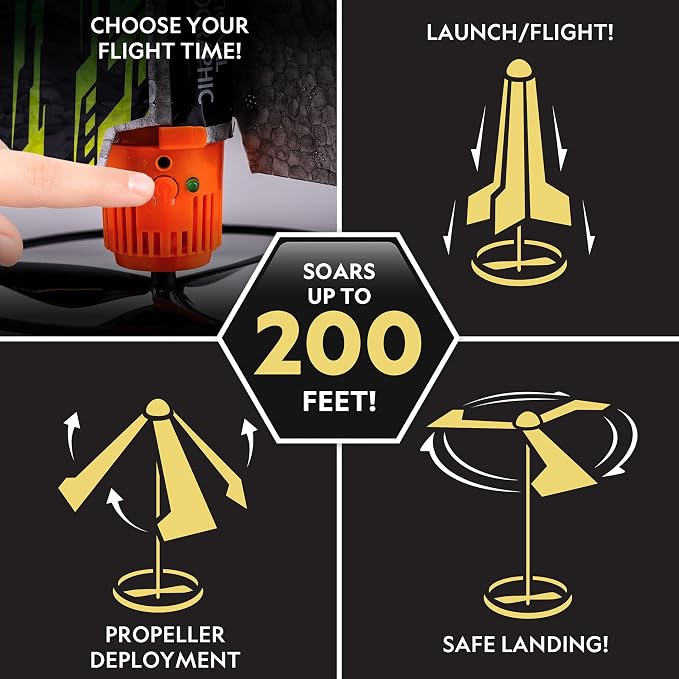 National Geographic Motorized Rocket Launcher for Kids Ages 8-12 | Launches Up to 200 Feet, Rechargeable Motor, 3 Flight Settings, Safe Helicopter Landing, Outdoor Space Toy, Birthday Gift