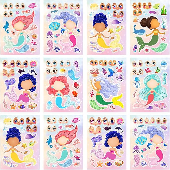 24 Sheets Make a Face Mermaid Stickers for Girls Kids Party Favors | Make Your Own Mermaid Stickers Birthday Decorations Supplies, Toddlers Crafts Activities Gifts Goodie Bags Stuffers Games