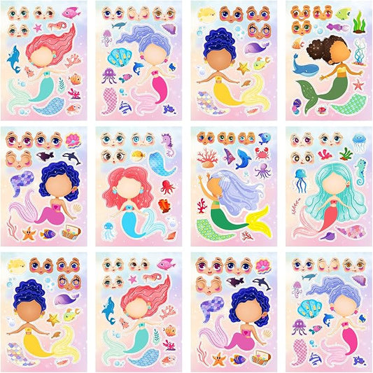 24 Sheets Make a Face Mermaid Stickers for Girls Kids Party Favors | Make Your Own Mermaid Stickers Birthday Decorations Supplies, Toddlers Crafts Activities Gifts Goodie Bags Stuffers Games