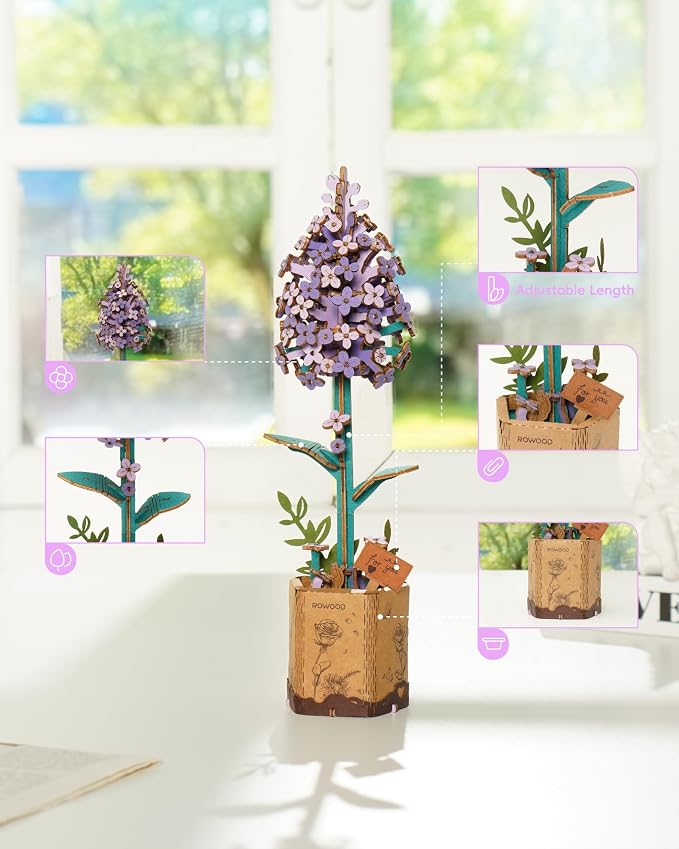 rowood 3D Puzzles for Adults,Mother's Day Wooden Artifical Flower Craft Kit,DIY Botanical Collection Building Toy Set,Valentine's Day/Thanksgiving Day/Christmas/Birthday Gift -Lilac