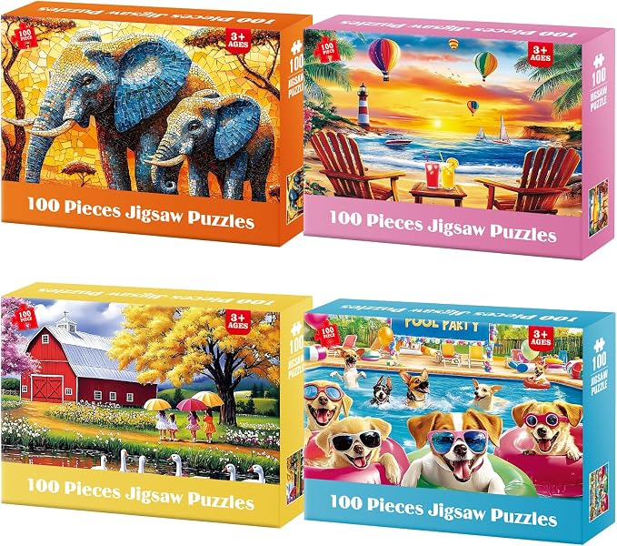 Puzzles for Kids Ages 6-8 8-10 Year Old - Elephants, Farm, Beach, Dogs, Large Piece Puzzles for Seniors Adults 100 Pieces Jigsaw Puzzle for Kids Ages 4-6, Learning Educational Toys