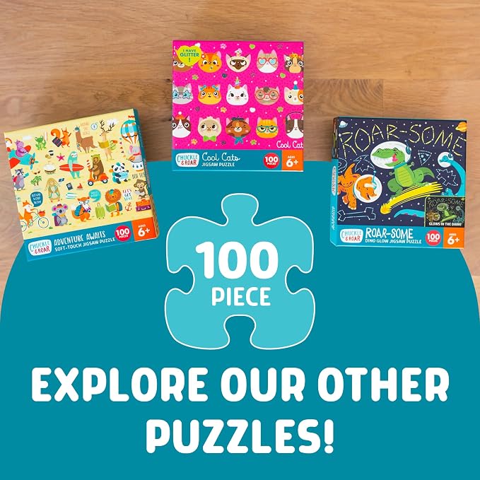 Chuckle & Roar Cool Cats, 100 Pc Jigsaw Puzzle, Puzzles for Kids Ages 6-8 | Glitter Accents, Poster Reference Guide, 11 x 15 in Finished Size, Fine Motor Skills, 100 Piece Puzzles for Kids Ages 6-8
