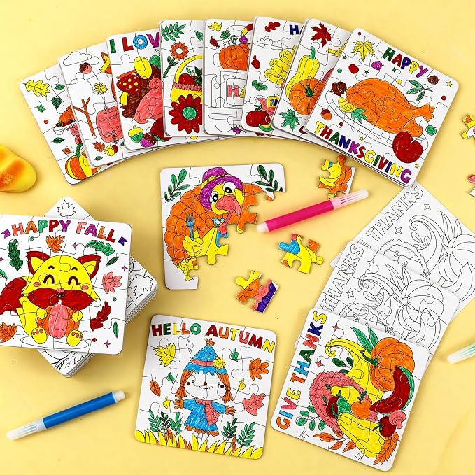 Thanksgiving Fall Arts & Crafts for Kids Autumn DIY Party Favors Puzzle Kit | 24Pcs Fall Craft Jigsaw Pumpkin Turkey, Thanksgiving Harvest Activities Classroom Gift School Coloring Game Toy Supplies Bulk
