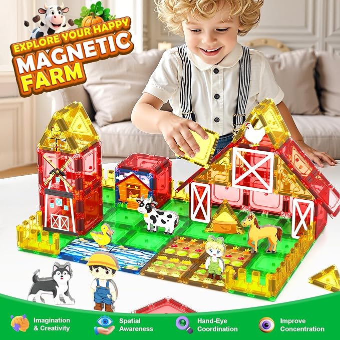Magnetic Tiles Farm Animals Toddler Toys, STEM Magnet Building Blocks for Kids Ages 3-5 5-7 4-8, Preschool Montessori Sensory Toys Gifts for 3+ Year Old Boys & Girls