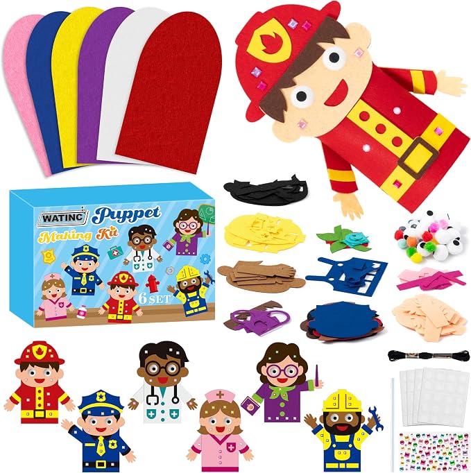 WATINC Hand Puppet Making Kit, Felt Sock Puppet Toys for Kids (Career A) | 6 Styles, Make Your Own Storytelling & Role Play Crafts, Creative Group Activity, Party Favors & Gifts for Kids Ages 4-8
