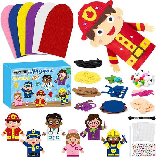 WATINC Hand Puppet Making Kit, Felt Sock Puppet Toys for Kids (Career A) | 6 Styles, Make Your Own Storytelling & Role Play Crafts, Creative Group Activity, Party Favors & Gifts for Kids Ages 4-8