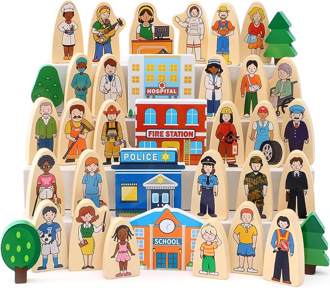 36Pcs Wooden Community Helpers Pretend Play Toys for Kids 3 4 5 6 Year Old, Wooden People Figures Blocks Occupations Dress up Toddlers Preschool Learning Toys Boys Girls Birthday Gifts