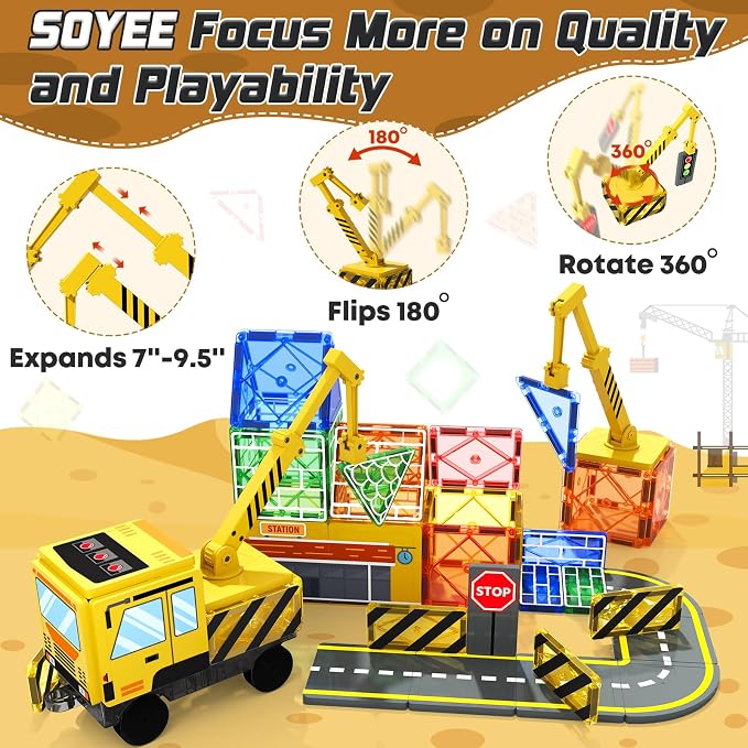 Magnetic Tiles with 2 Cranes, Magnetic Construction Toys STEM Building Toys | 2-in-1 Transportation Magnetic Building Blocks Boys Toys Gifts for Ages 3-12 STEM Learning Toy Develops Creativity