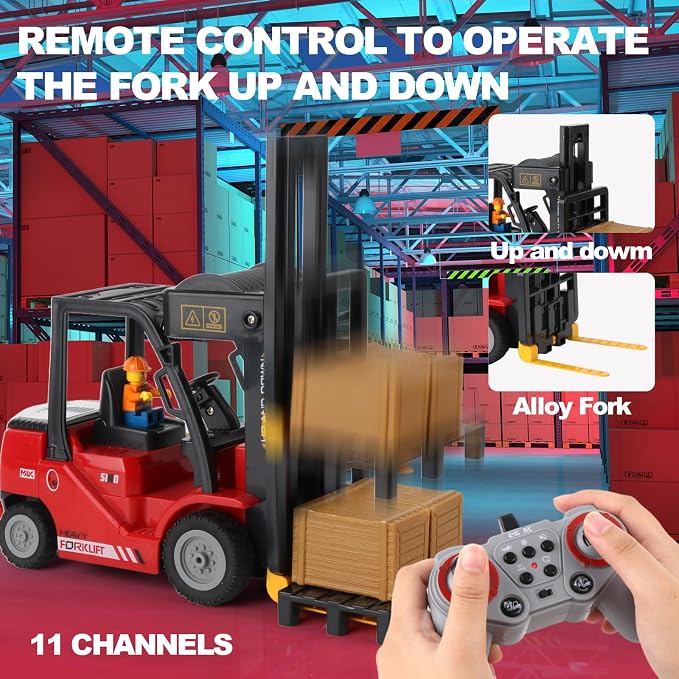 1:24 RC Forklift with Trailer, 2 in 1 Transform Lift Fork & Hook, Kids Forklift Toy with Light & Sound & Spray, 11 Channel Remote Control Forklift, Construction Toy Gift for Kids 6+ (Red)