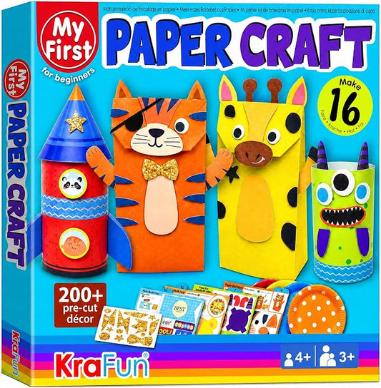 KRAFUN Safari Animal Beginner Paper Craft Kit for Kids Age 3+ | 16 Projects | 16 projects with paper bags, plates & rolls. Lion, Tiger, Giraffe & Elephant themes. Activity for boys & girls