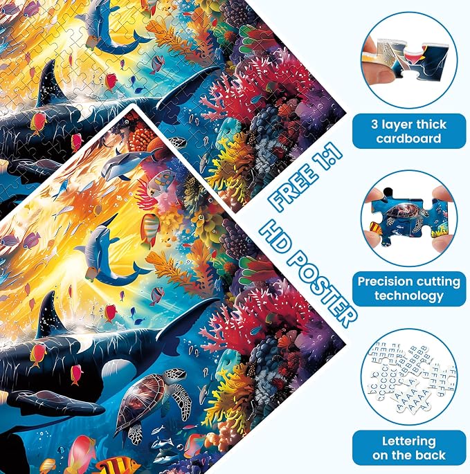 300 Piece Puzzles for Adults and Kids, Undersea World Jigsaw Puzzles | Sea Turtles Dolphins Whales Jigsaw Puzzle, Home Decor Birthday Party Gift Toy, Fun and Challenging Family Games, 20.5x15IN