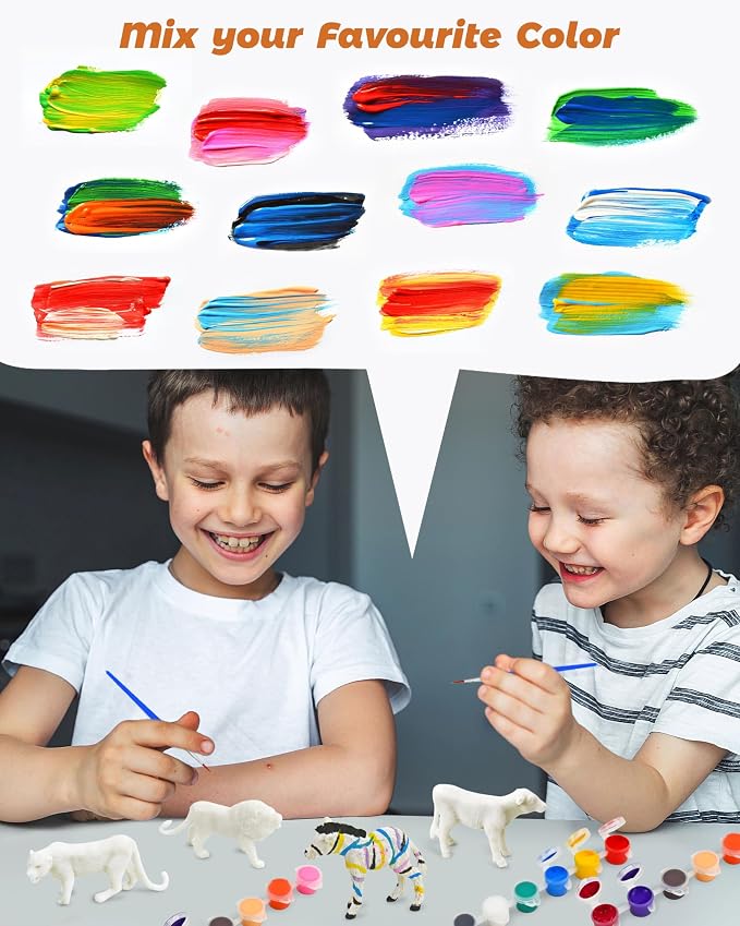 Vileafy Safari Animal Painting Craft Kits, 12 Paintable Figurines for Kids | 12 Jungle Animal Figures with 36 Colors. Fun Animal Crafts for Birthdays, Classrooms and Party Favors