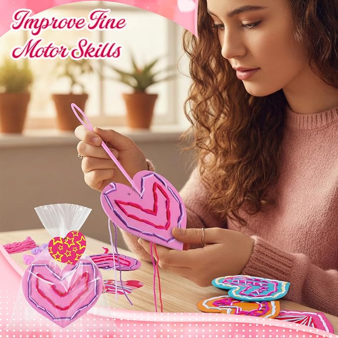 Capoda 18 Sets Valentines Gifts Bulk Lacing Cards Educational Threading Toy for Wooden Lacing Card Toys with Colorful Threads for Develop Imagination Early Education Learning Activity(Valentines)